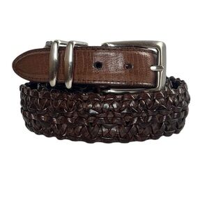 Cole Haan 38” Brown Leather Braided Woven Belt Solid Brass Buckle Classic Unisex
